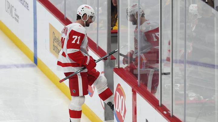 Mar 31, 2026; Pittsburgh, Pennsylvania, USA;  Detroit Red Wings center Dylan Larkin (71) enters the penalty box after being called for tripping against the Pittsburgh Penguins during the third period at PPG Paints Arena. Mandatory Credit: Charles LeClaire-Imagn Images