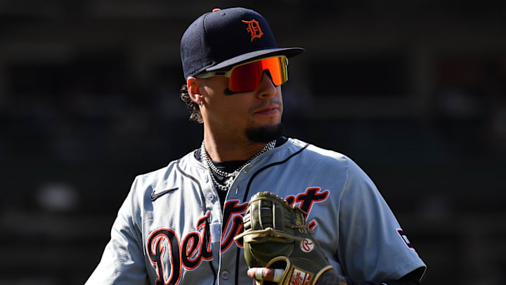 Aug 22, 2024; Chicago, Illinois, USA; Detroit Tigers shortstop Javier Baez (28) is seen during the eighth inning against the Chicago Cubs at Wrigley Field.