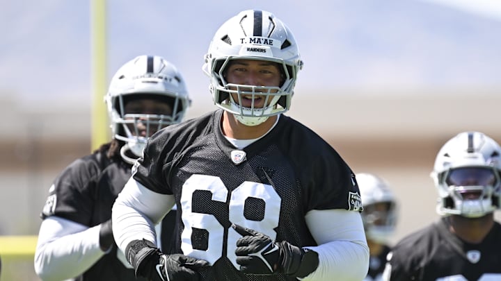Jun 11, 2025; Henderson, NV, USA; Las Vegas Raiders defensive tackle Treven Ma'ae (68) warms ups during Las Vegas Raiders Minicamp at Intermountain Health Performance Center. Mandatory Credit: Candice Ward-Imagn Images