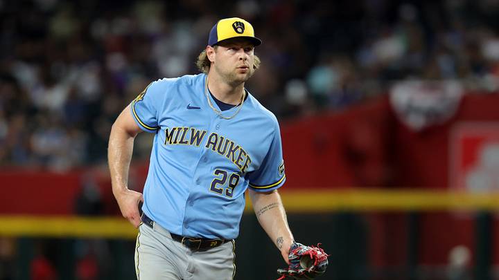 Jul 3, 2026; Phoenix, Arizona, USA; Milwaukee Brewers pitcher Trevor Megill against the Arizona Diamondbacks at Chase Field. Mandatory Credit: Mark J. Rebilas-Imagn Images