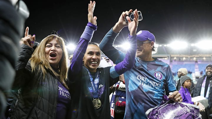 Nov 23, 2024; Kansas City, Missouri, USA; Orlando Pride forward Marta (10) celebrates after winning the 2024 NWSL Championship match at CPKC Stadium. Mandatory Credit: Kylie Graham-Imagn Images