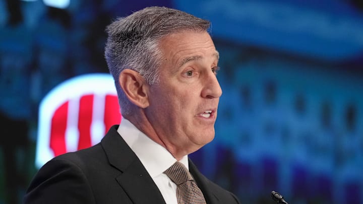 Big Ten commissioner Tony Petitti speaks to the media during the Big Ten NCAA college football media days Big Ten commissioner Tony Petitti speaks to the media during the Big Ten NCAA college football media days