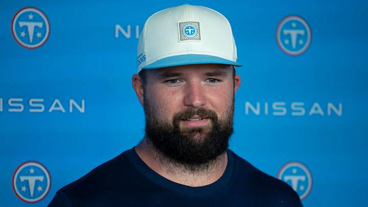 Tennessee Titans center Austin Schlottmann (51) addresses the media during training camp at Vanderbilt Health Football Center Thursday, Aug. 6, 2026. Tennessee Titans center Austin Schlottmann (51) addresses the media during training camp at Vanderbilt Health Football Center Thursday, Aug. 6, 2026.