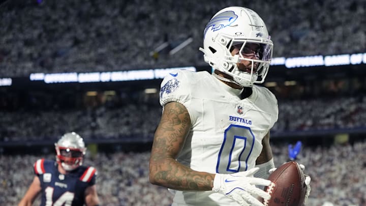 Oct 5, 2025; Orchard Park, New York, USA; Buffalo Bills wide receiver Keon Coleman (0) makes a touchdown catch against the New England Patriots during the second half at Highmark Stadium. Mandatory Credit: Gregory Fisher-Imagn Images