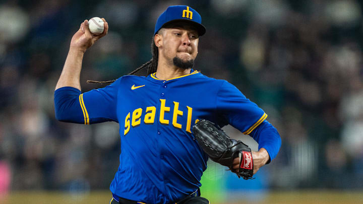 Aug 23, 2024; Seattle, Washington, USA; Seattle Mariners starter Luis Castillo (58) delivers a pitch during the first inning against the San Francisco Giants at T-Mobile Park.