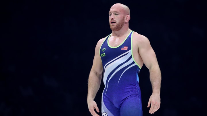 Apr 20, 2024; State College, Pennsylvania, USA; Kyle Snyder walks on the mat while wrestling Isaac Trumble (not pictured) in the 97 kilograms freestyle Championship Final during day two of the U.S. Olympic Wrestling Team Trials at Bryce Jordan Center at Penn State. Mandatory Credit: Matthew O'Haren-USA TODAY Sports