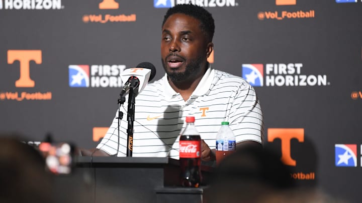 Tennessee defensive coordinator Tim Banks speaks at a press conference during Tennessee Football Media Day, Tuesday, Aug. 1, 2023.
