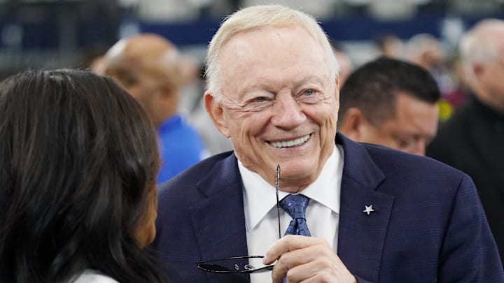 Dallas Cowboys owner Jerry Jones on the sidelines before the game against the New York Giants at AT&T Stadium.