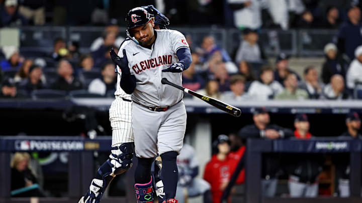 Oct 15, 2024; Bronx, New York, USA; Cleveland Guardians first base Josh Naylor (22) reacts after hitting an RBI sacrifice fly during the fifth inning against the New York Yankees in game two of the ALCS for the 2024 MLB Playoffs at Yankee Stadium. Mandatory Credit: Wendell Cruz-Imagn Images