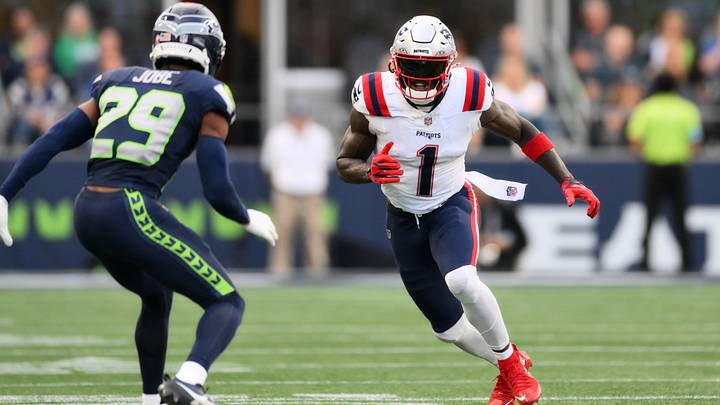 Sep 9, 2026; Seattle, Washington, USA; aNew England Patriots wide receiver A.J. Brown (1) runs a route against Seattle Seahawks cornerback Josh Jobe (29) during the second quarter at Lumen Field. Mandatory Credit: Steven Bisig-Imagn Images Sep 9, 2026; Seattle, Washington, USA; aNew England Patriots wide receiver A.J. Brown (1) runs a route against Seattle Seahawks cornerback Josh Jobe (29) during the second quarter at Lumen Field. Mandatory Credit: Steven Bisig-Imagn Images