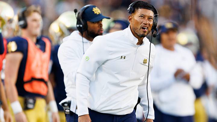 Notre Dame head coach Marcus Freeman looks on in the second half of a NCAA football game against NC State at Notre Dame Stadium on Saturday, Oct. 11, 2025, in South Bend. Notre Dame head coach Marcus Freeman looks on in the second half of a NCAA football game against NC State at Notre Dame Stadium on Saturday, Oct. 11, 2025, in South Bend.