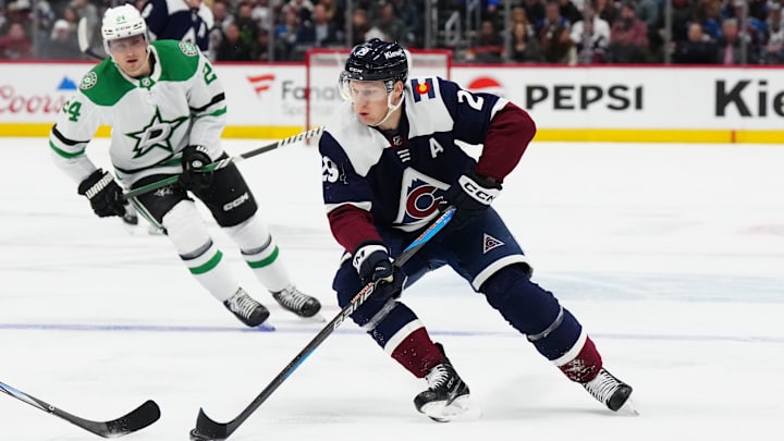 Feb 27, 2024; Denver, Colorado, USA; Colorado Avalanche center Nathan MacKinnon (29) controls the