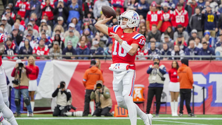 Oct 13, 2024; Foxborough, Massachusetts, USA; New England Patriots quarterback Drake Maye (10) throws the ball against the Houston Texans during the first half at Gillette Stadium.