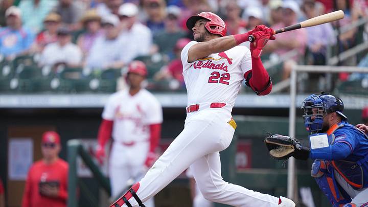 Mar 7, 2026; Jupiter, Florida, USA;  St. Louis Cardinals right fielder Joshua Baez (22) hits a home run in the second inning against the New York Mets at Roger Dean Chevrolet Stadium. Mandatory Credit: Jim Rassol-Imagn Images