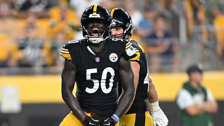 Aug 13, 2026; Pittsburgh, Pennsylvania, USA; Pittsburgh Steelers linebacker Jamin Davis (50) celebrates after sacking Green Bay Packers quarterback Kyron Drones (13) during the second half of a game at Acrisure Stadium. Mandatory Credit: Barry Reeger-Imagn Images