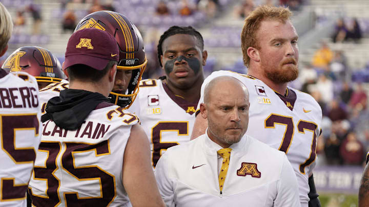 Sep 23, 2023; Evanston, Illinois, USA; Minnesota Golden Gophers head coach PJ Fleck on the field before the game against the Northwestern Wildcats at Ryan Field. Mandatory Credit: David Banks-Imagn Images