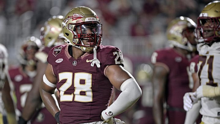 Sep 2, 2024; Tallahassee, Florida, USA; Florida State Seminoles linebacker Justin Cryer (28) reacts during the fourth quarter against the Boston College Eagles at Doak S. Campbell Stadium. Mandatory Credit: Melina Myers-Imagn Images