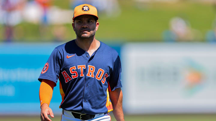 Mar 11, 2025; West Palm Beach, Florida, USA; Houston Astros left fielder Jose Altuve (27) looks on against the New York Mets during the second inning at CACTI Park of the Palm Beaches. 