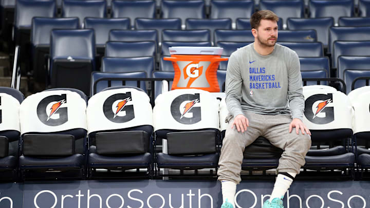 Oct 30, 2023; Memphis, Tennessee, USA; Dallas Mavericks guard Luka Doncic (77) sits on the bench