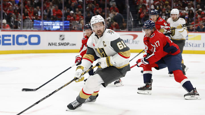 Feb 27, 2026; Washington, District of Columbia, USA; Vegas Golden Knights right wing Mark Stone (61) skates with the puck as Washington Capitals center Dylan Strome (17) chases during the second period at Capital One Arena. Mandatory Credit: Geoff Burke-Imagn Images