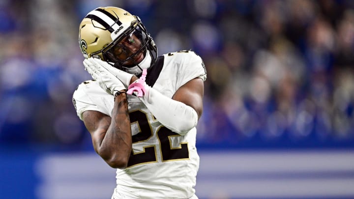 Oct 29, 2023; Indianapolis, Indiana, USA; New Orleans Saints wide receiver Rashid Shaheed (22) reacts after catching a long pass during the second half against the Indianapolis Colts at Lucas Oil Stadium. Mandatory Credit: Marc Lebryk-USA TODAY Sports