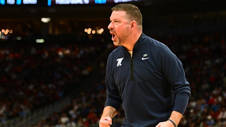 Mar 21, 2025; Milwaukee, WI, USA; Mississippi Rebels head coach Chris Beard during the first half of a first round NCAA men’s tournament game against the North Carolina Tar Heels at Fiserv Forum. Mandatory Credit: Benny Sieu-Imagn Images Mar 21, 2025; Milwaukee, WI, USA; Mississippi Rebels head coach Chris Beard during the first half of a first round NCAA men’s tournament game against the North Carolina Tar Heels at Fiserv Forum. Mandatory Credit: Benny Sieu-Imagn Images