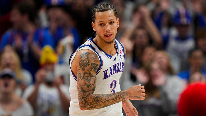 Dec 7, 2025; Kansas City, Missouri, USA; Kansas Jayhawks guard Tre White (3) reacts during the second half against the Missouri Tigers at T-Mobile Center. Mandatory Credit: Jay Biggerstaff-Imagn Images Dec 7, 2025; Kansas City, Missouri, USA; Kansas Jayhawks guard Tre White (3) reacts during the second half against the Missouri Tigers at T-Mobile Center. Mandatory Credit: Jay Biggerstaff-Imagn Images