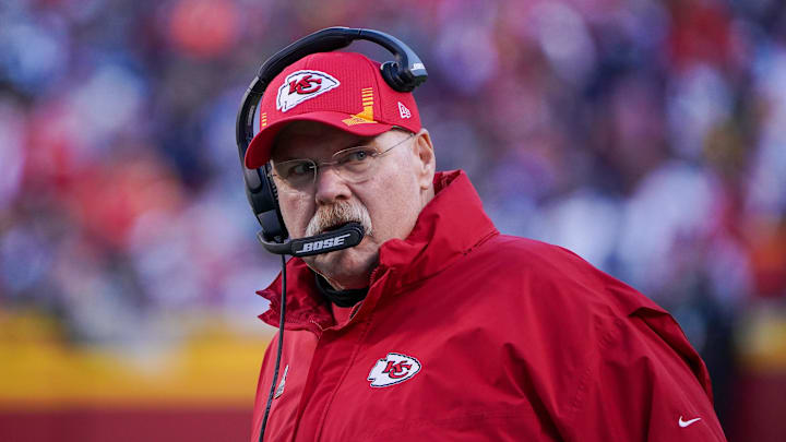 Nov 21, 2021; Kansas City, Missouri, USA; Kansas City Chiefs head coach Andy Reid watches play against the Dallas Cowboys during the first half at GEHA Field at Arrowhead Stadium. Mandatory Credit: Denny Medley-Imagn Images
