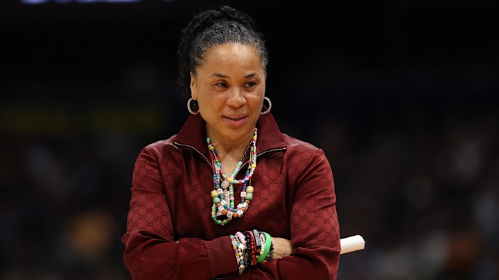 Apr 4, 2025; Tampa, FL, USA; South Carolina Gamecocks head coach Dawn Staley reacts during the first quarter in a semifinal of the women's 2025 NCAA tournament against the Texas Longhorns at Amalie Arena. Mandatory Credit: Nathan Ray Seebeck-Imagn Images Apr 4, 2025; Tampa, FL, USA; South Carolina Gamecocks head coach Dawn Staley reacts during the first quarter in a semifinal of the women's 2025 NCAA tournament against the Texas Longhorns at Amalie Arena. Mandatory Credit: Nathan Ray Seebeck-Imagn Images