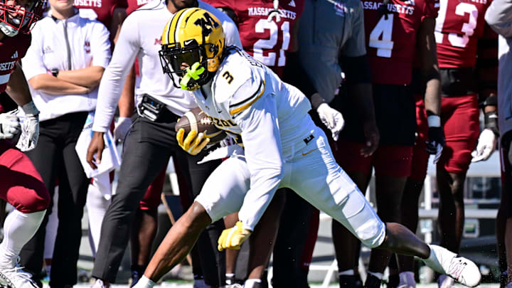 Missouri Tigers wide receiver Luther Burden III (3) runs the ball against the Massachusetts Minutemen during the first half at Warren McGuirk Alumni Stadium. Mandatory Credit: Eric Canha-Imagn Images
