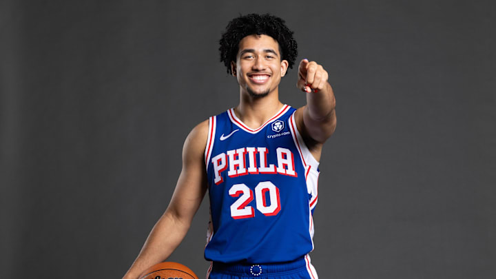 Sep 30, 2024; Camden, NJ, USA; Philadelphia 76ers guard Jared McCain (20) poses for a photo on media day at the Philadelphia 76ers Training Complex. Mandatory Credit: Bill Streicher-Imagn Images Sep 30, 2024; Camden, NJ, USA; Philadelphia 76ers guard Jared McCain (20) poses for a photo on media day at the Philadelphia 76ers Training Complex. Mandatory Credit: Bill Streicher-Imagn Images