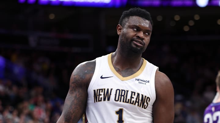 New Orleans Pelicans forward Zion Williamson (1) reacts to a play against the Utah Jazz during the second half at Delta Center. 