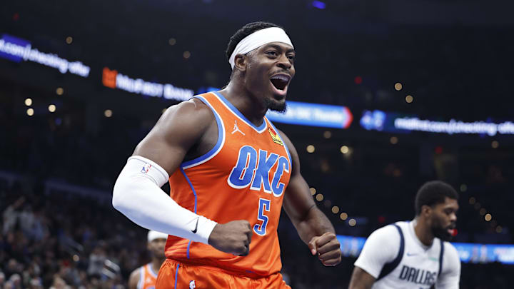 Dec 10, 2024; Oklahoma City, Oklahoma, USA; Oklahoma City Thunder guard Luguentz Dort (5) celebrates after a play against the Dallas Mavericks during the second quarter at Paycom Center. Mandatory Credit: Alonzo Adams-Imagn Images