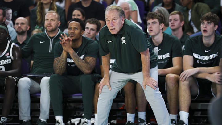 Nov 25, 2025; Fort Myers, Florida, USA; Michigan State Spartans head coach Tom Izzo looks on against the East Carolina Pirates in the first half at Suncoast Credit Union Arena. Mandatory Credit: Nathan Ray Seebeck-Imagn Images