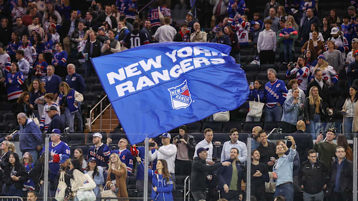 Apr 17, 2025; New York, New York, USA;  New York Rangers fans at Madison Square Garden. Mandatory Credit: Wendell Cruz-Imagn Images