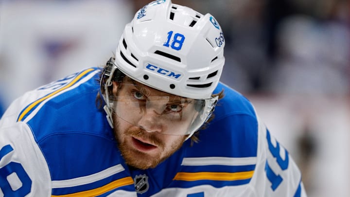 Dec 31, 2025; Denver, Colorado, USA; St. Louis Blues center Robert Thomas (18) in the third period against the Colorado Avalanche at Ball Arena. Mandatory Credit: Isaiah J. Downing-Imagn Images Dec 31, 2025; Denver, Colorado, USA; St. Louis Blues center Robert Thomas (18) in the third period against the Colorado Avalanche at Ball Arena. Mandatory Credit: Isaiah J. Downing-Imagn Images