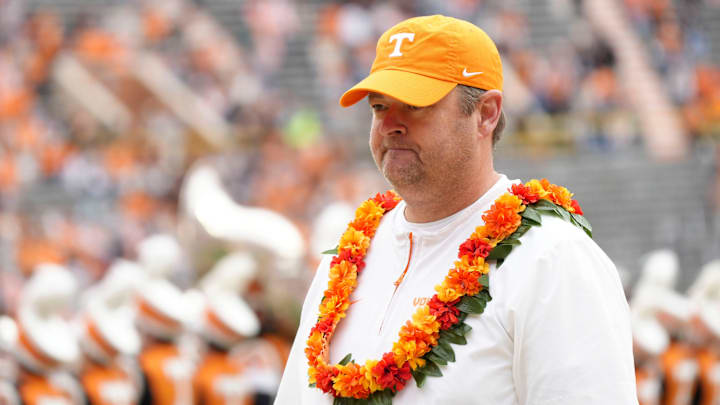 Tennessee football coach Josh Heupel waits to greet the seniors during the senior day ceremonies before the start of the NCAA college football game against UTEP on Saturday, Nov. 23, 2024, in Knoxville, Tenn.