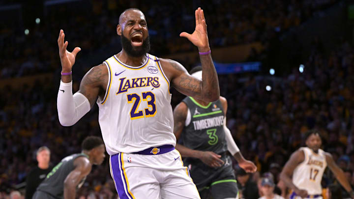 Apr 19, 2025; Los Angeles, California, USA; Los Angeles Lakers forward LeBron James (23) reacts after missing a pass in the first quarter against the Minnesota Timberwolves at Crypto.com Arena. Mandatory Credit: Jayne Kamin-Oncea-Imagn Images Apr 19, 2025; Los Angeles, California, USA; Los Angeles Lakers forward LeBron James (23) reacts after missing a pass in the first quarter against the Minnesota Timberwolves at Crypto.com Arena. Mandatory Credit: Jayne Kamin-Oncea-Imagn Images