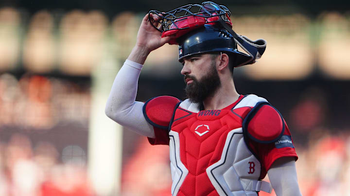 May 24, 2024; Boston, Massachusetts, USA; Boston Red Sox catcher Connor Wong (12) during the first inning against the Milwaukee Brewers at Fenway Park.