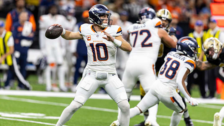 Oct 17, 2024; New Orleans, Louisiana, USA; Denver Broncos quarterback Bo Nix (10) passes against the New Orleans Saints during the first half at Caesars Superdome. Mandatory Credit: Stephen Lew-Imagn Images Oct 17, 2024; New Orleans, Louisiana, USA; Denver Broncos quarterback Bo Nix (10) passes against the New Orleans Saints during the first half at Caesars Superdome. Mandatory Credit: Stephen Lew-Imagn Images