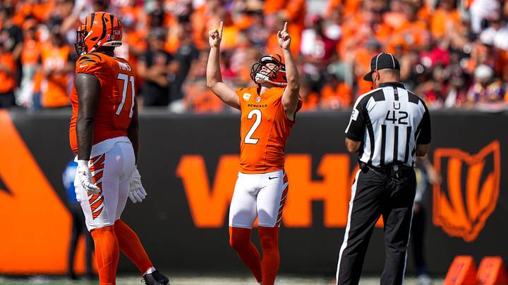 Cincinnati Bengals place kicker Evan McPherson (2) celebrates a filed goal in the fourth quarter of the NFL Week 1 game between the Cincinnati Bengals and the Tampa Bay Buccaneers at Paycor Stadium in Cincinnati on Sunday, Sept. 13, 2026. Cincinnati Bengals place kicker Evan McPherson (2) celebrates a filed goal in the fourth quarter of the NFL Week 1 game between the Cincinnati Bengals and the Tampa Bay Buccaneers at Paycor Stadium in Cincinnati on Sunday, Sept. 13, 2026.