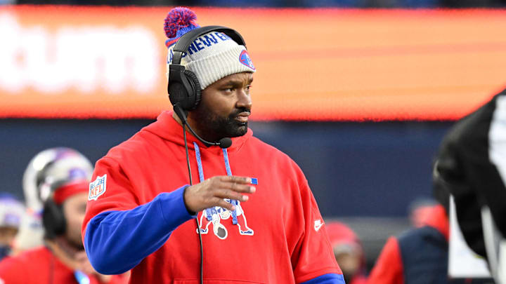 Dec 1, 2024; Foxborough, Massachusetts, USA; New England Patriots head coach Jerod Mayo looks on from the sideline during the second half against the Indianapolis Colts at Gillette Stadium. Mandatory Credit: Eric Canha-Imagn Images