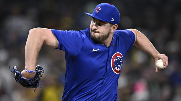 Apr 8, 2024; San Diego, California, USA; Chicago Cubs relief pitcher Luke Little (43) throws a pitch against the San Diego Padres during the sixth inning at Petco Park.