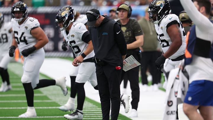 Nov 9, 2025; Houston, Texas, USA; Jacksonville Jaguars head coach Liam Coen reacts on the sidelines during the first half against the Houston Texans at NRG Stadium. Mandatory Credit: Thomas Shea-Imagn Images