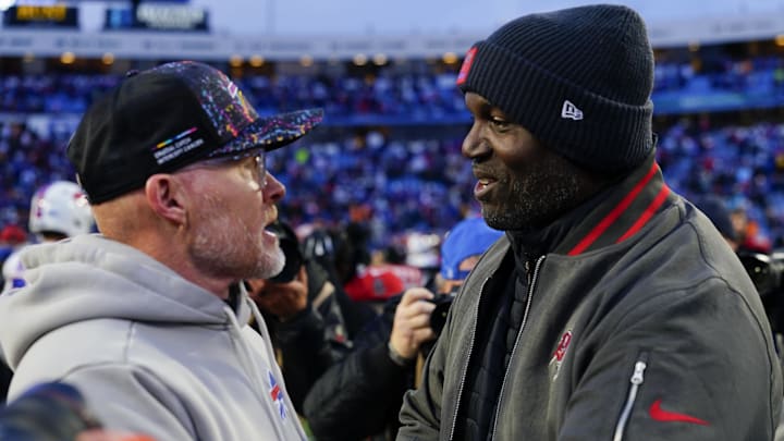Nov 16, 2025; Orchard Park, New York, USA;  Buffalo Bills head coach Sean McDermott and Tampa Bay Buccaneers head coach Todd Bowles Mandatory Credit: Gregory Fisher-Imagn Images