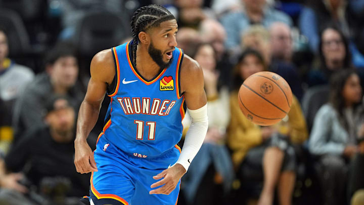 Jan 2, 2026; San Francisco, California, USA; Oklahoma City Thunder guard Isaiah Joe (11) during the fourth quarter against the Golden State Warriors at Chase Center. Mandatory Credit: Darren Yamashita-Imagn Images