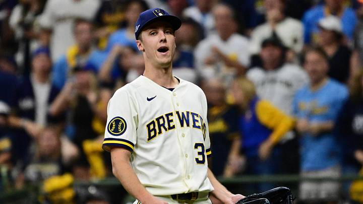 Oct 11, 2026; Milwaukee, Wisconsin, USA; Milwaukee Brewers pitcher Jacob Misiorowski (32) reacts to a call for a balk during the fourth inning against the Los Angeles Dodgers in game one of the NLCS for the 2026 MLB Playoffs at American Family Field. Mandatory Credit: Benny Sieu-Imagn Images Oct 11, 2026; Milwaukee, Wisconsin, USA; Milwaukee Brewers pitcher Jacob Misiorowski (32) reacts to a call for a balk during the fourth inning against the Los Angeles Dodgers in game one of the NLCS for the 2026 MLB Playoffs at American Family Field. Mandatory Credit: Benny Sieu-Imagn Images