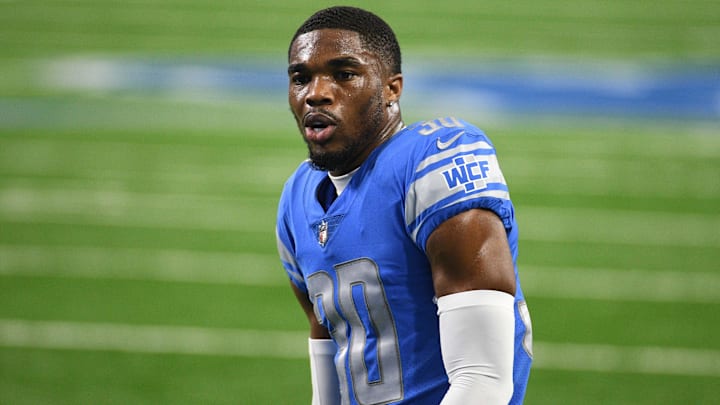 Nov 15, 2020; Detroit, Michigan, USA; Detroit Lions cornerback Jeff Okudah (30) before the game against the Washington Football Team at Ford Field.