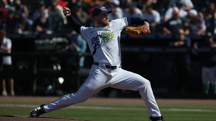 Tampa Bay's Drew Rasmussen (57) throws a pitch against the Atlanta Braves on Saturday. He pitched five scoreless innings.