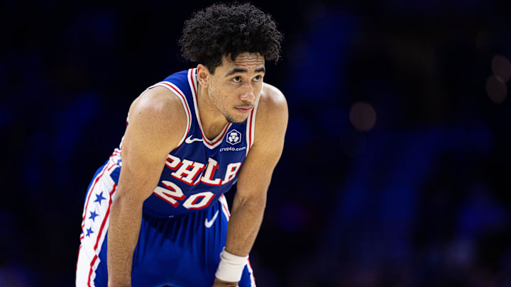 Dec 4, 2024; Philadelphia, Pennsylvania, USA; Philadelphia 76ers guard Jared McCain (20) looks on during the fourth quarter against the Orlando Magic at Wells Fargo Center. Mandatory Credit: Bill Streicher-Imagn Images